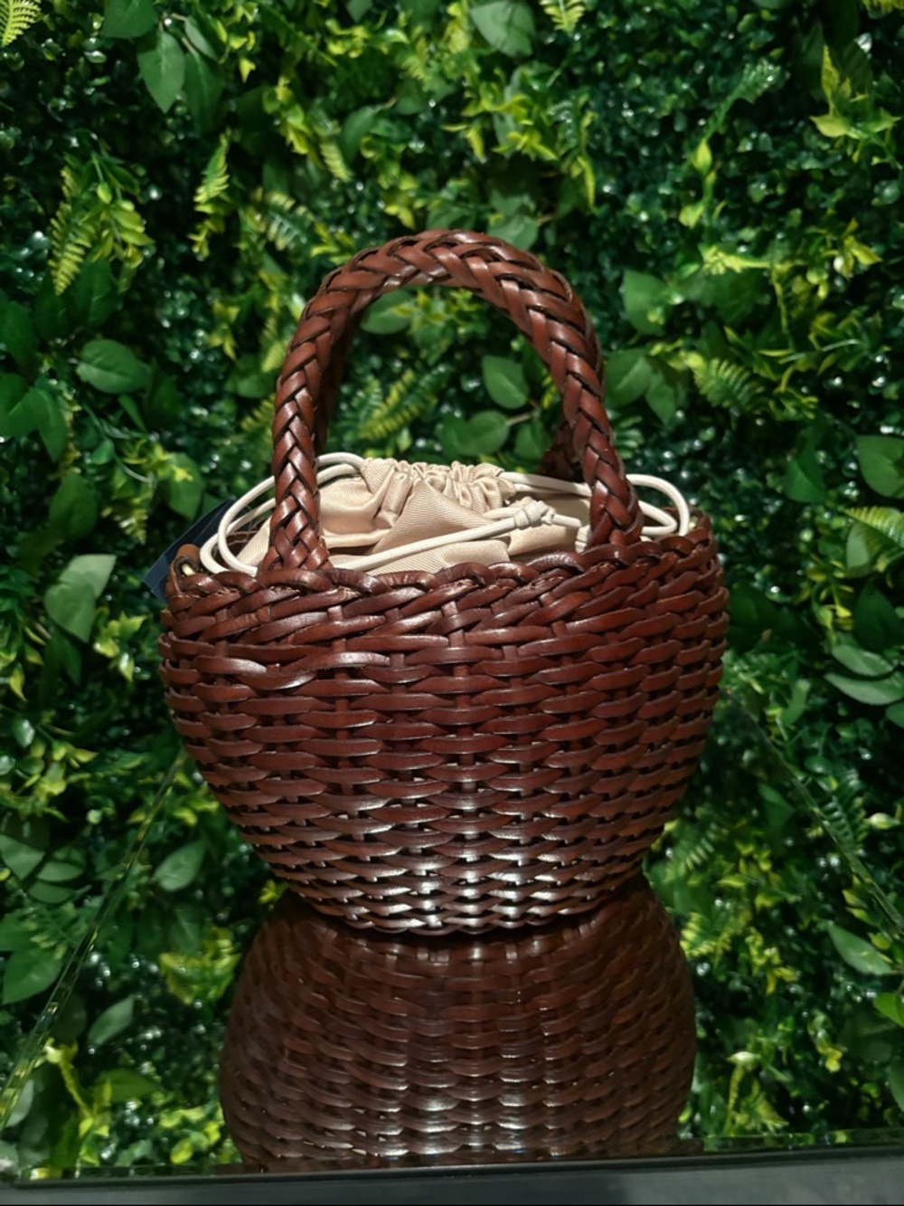 Woven Round Top-Handle Bag in Brown with Beige Lining & Drawstring